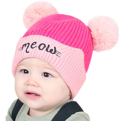 

Winter Newborns Hats Cute Warm Kids Girls Boys Baby Letters Print Plush Ball Design Hats Knitted Hemming Caps