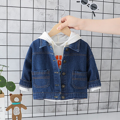 

Spring Autumn Children Girls Solid Color Wear Denim Tops Bottoming Long-Sleeved Lapel Jacket