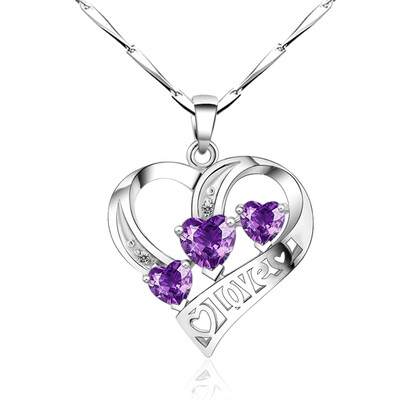 

Casual 925 Sterling Silver Amethyst Topaz Diamond Necklace Love Heart Pendant Clavicle Chain Gift For Women