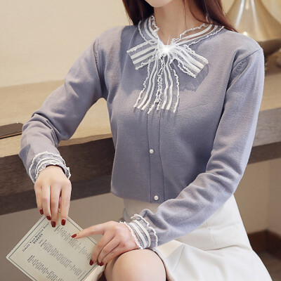 

Autumn 3 Solid Colors Ruffled Women Knit Shirt Korean Style Sweet Cute Bow Long Sleeve Blouse Female Tops