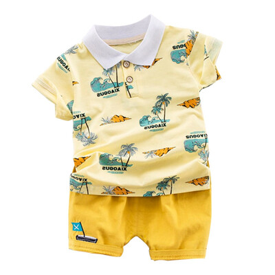 

Summer Casual Outfits Sets Baby Boys Clothes Short Sleeve Striped Cartoon Print Tops Blouse T-shirtShorts Children