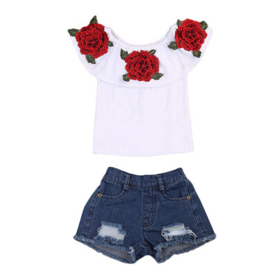 

Summer Children Baby Girls Casual Floral Off-Shoulder T-shirtDenim Shorts Suits Costume Set