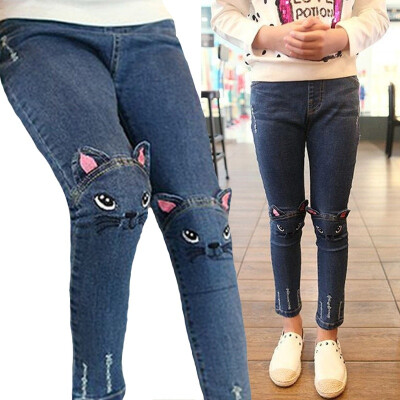 

1-8 Years Childrens Jeans Spring Girls Cartoon Cat Embroidery Slim Cowboy Pants