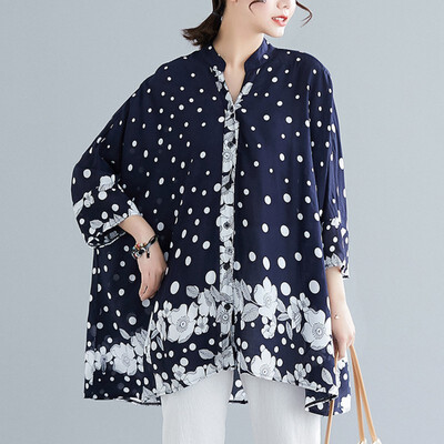 

Women Vintage Chiffon College Wind V-Neck Seven-point Sleeve Temperament Polka Dot Loose Versatile Blouse