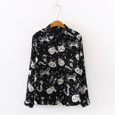 

Women Shirt Cat Pattern Printed Personality Tops&Blouses Fashion Office Lady Long Sleeve Shirt White Black