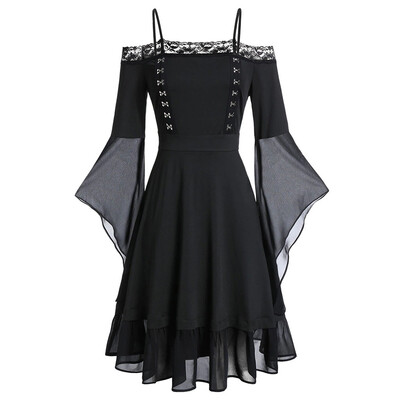 

Tailored Womne Plus Size Cold Shoulder Camisole Flare Sleeve Hook Eye Lace Up Dress