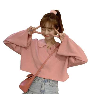 

Solid Color T Shirt Women Fashion Exposed Navel T-Shirt Solid Color Lapel Long Sleeved Casual Shirt Wild Tops
