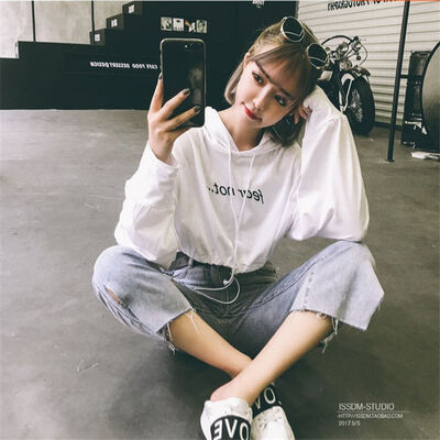 

ROPALIA Women Autumn Sweatshirts 2018 Ladies Short Hooded Long Sleeve Outwear Tops Letter Printed Female Pullovers Slim Tops