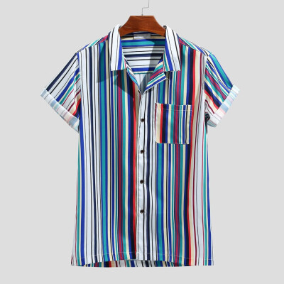 

Toponeto Mens Summer Stripe Printing Buttons Fly Practical Pocket Casual Shirts