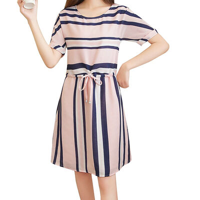 

Girl Waist Belt Loose Women Stripe Long Dress Short Sleeves Casual O-neck