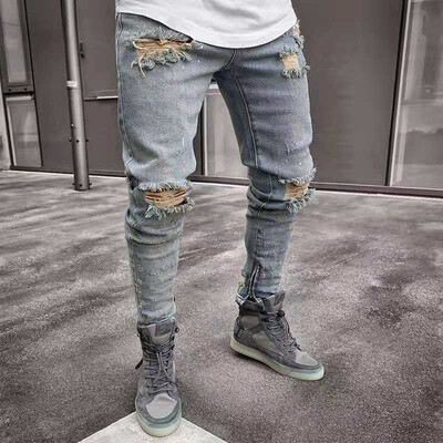 

Tailored Men Solid Denim Cotton Straight Pocket Elastic Trousers Distressed Jeans Pants