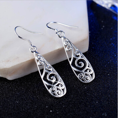 

1 Pair Women Simple Jewelry Bohemia Fashion Silver Hollow Carved Water Drop Earrings