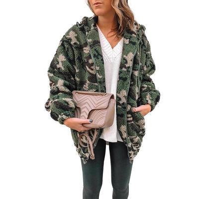 

Women Cashmere Hoodies Long Sleeve Camouflage Zipper Drawstring Clothes