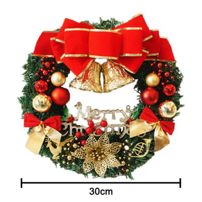 

Artificial Christmas Wreath With Large Bow Golden Bells Christmas Balls Ornaments Holiday Front Door Hanging Decorations