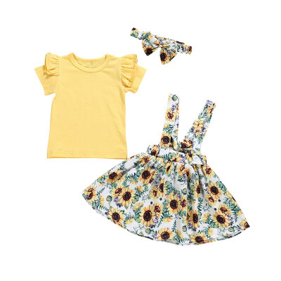 

Summer New Baby Girls Cotton Suit Fashion Solid Color Short Flying SleeveFloral Printed DressHeadband Sets