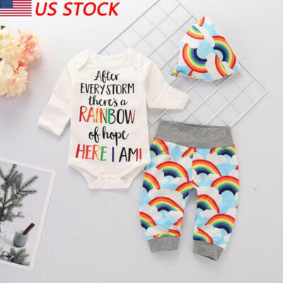 

Newborn Baby Girl Boy Rainbow Romper Tops Bodysuit Pants Hat Outfits Clothes Set