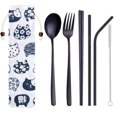 

Portable Travel Dinneware Set Stainless Steel Spoon Straws Chopsticks Fork Set With Linen Bag Kitchen Tableware