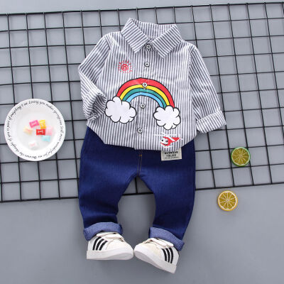 

Autumn Baby Boy Long Sleeve Rainbow Striped Pattern Soft Cotton Shirt TopsLong Trousers Toddler Outfits