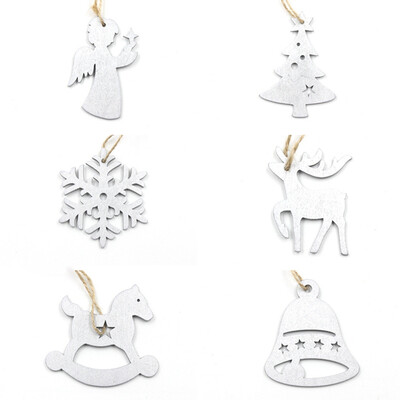 

6Pcs Christmas Snowflakes Tree Elk Horse Bell Wooden Pendants Xmas Hanging Home Decor