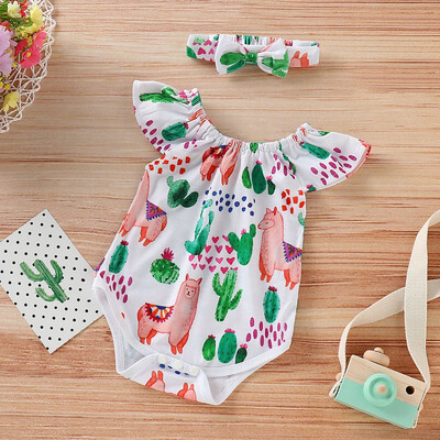 

Infant Children Summer Suit Cartoon Plant Print Fly Sleeve Jumpsuit Hair Band Two-piece