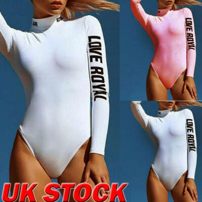 

Women High Neck Long sleeve Bodysuit Stretch Leotard Tops Bodycon Short Rompers