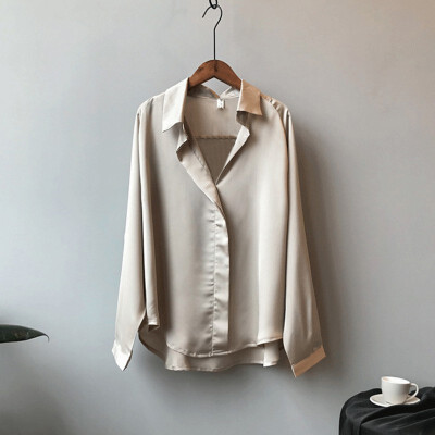 

Ladies Shirt Korean V-neck Solid Color Loose Lazy Style Long Sleeve Blouse Champagne Color Elegant Women Tops&Blouses