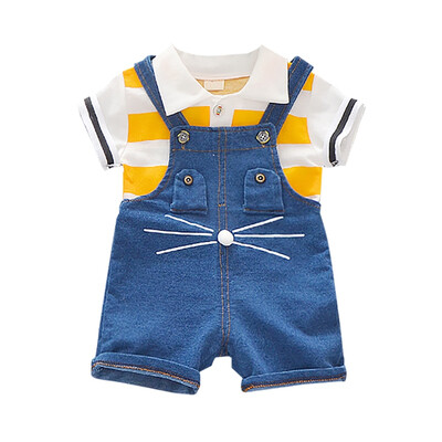 

Boy Shorts Set Summer Baby Boys Short Sleeve Stripe Print Tops Blouse Shirt Denim Suspender Pants Children Casual Outfits Sets