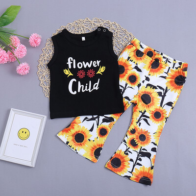 

Summer baby girl clothes set 2 PCS black letter print sleeveless top sunflower flare trousers for 1-6T