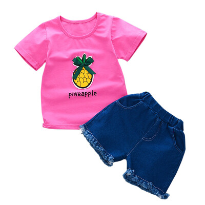 

Summer Baby Girls Clothes Cute Short Sleeve Pineapple Pattern T-shirt TopsDenim Shorts Suits Casual Children Clothing Sets