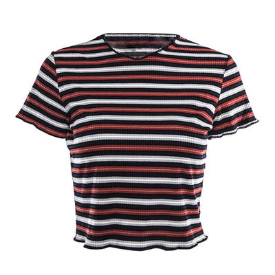 

Women Summer Multi Stripe Blocked Stretch T-shirt Crop Basic Tshirt Casual Short Sleeve Ribbed T Shirt