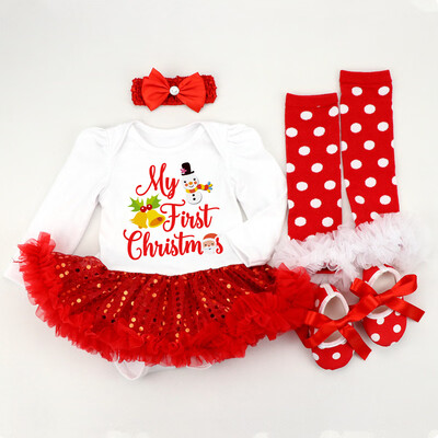 

4PCS Baby Summer Clothing Christmas Set Newborn Infant Baby Girl Long Sleeve Romper Dot Skirt Leg Warmers Xmas Clothes Set