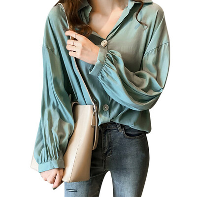 

New Blouses Women Autumn Button Turn-down Collar Solid Color Shirts Tops Loose Long Sleeve White Blouse