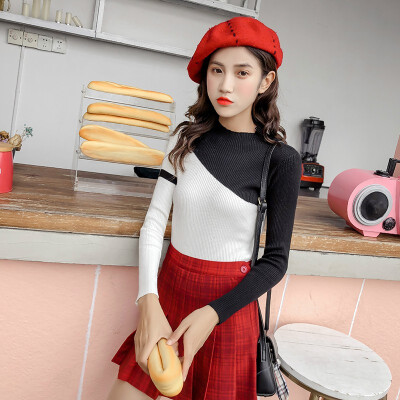 

Autumn Knitted Sweater Pullover Women Long Sleeve Slim Tops Round Neck Womens Geometric Patchwork Casual Sweater