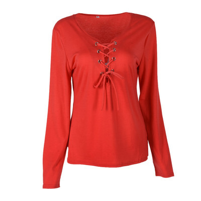 

Spring Fall Women Clothes Casual Bandage Lace Up Long-Sleeve TShirt Women Sexy Deep V T-shirts Female Tops 5 Colors LM93