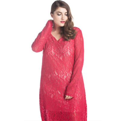 

Women Plus Size Lace Maxi Dress V-Neck Full Sleeve Lined Evening Party Solid Long Dress