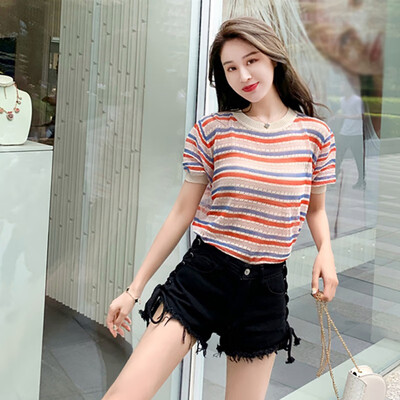 

Short Sleeve Striped Knitted Tops Blouse Ladies Loose T-Shirt