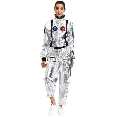 

Halloween Costumes For Women Astronaut Female Space Cosplay Clothing Dazzling Coating Silver Jumpsuit Sets  L XL