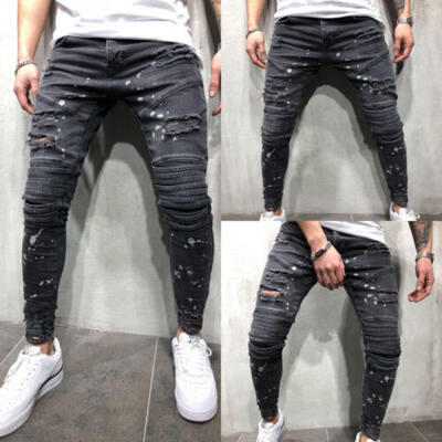 

Men Stretchy Ripped Skinny Biker Jeans Destroyed Taped Patch Denim Pants Trouser