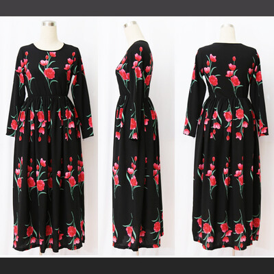 

New Fashion Plus Size Maxi Dress Rose Print O Neck Long Sleeve Elastic Waist Long Dress Black