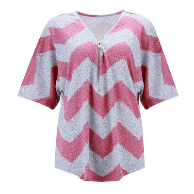 

Summer Womens T-Shirt V Neck Geometric Print Zipper Short Batwing Sleeve Striped Printed T-shirt Femme Plus Size Tops