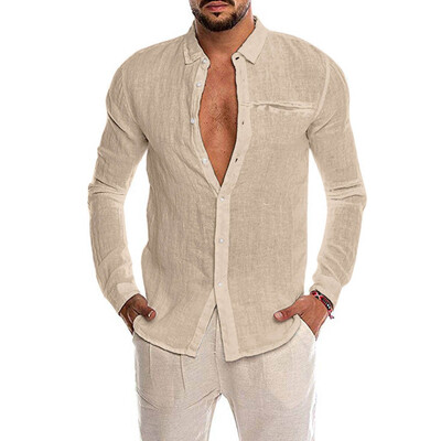 

Toponeto Mens Loose Cotton Blend Solid Color Button Pocket Long Sleeve Shirt Tops Blouse