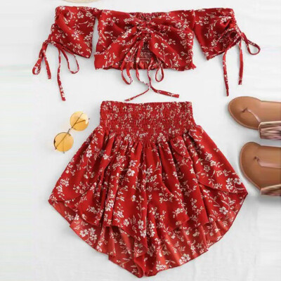 

Women Off Shoulder Cinched Floral Crop Top Slash Neck Short Sleeves High Waist Shorts Set