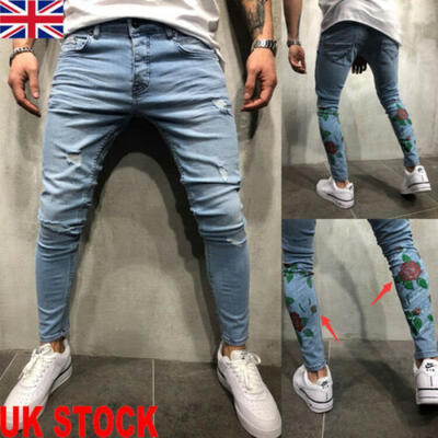 

UK Men Skinny Ripped Pants Slim Super Stretch Fit Denim Frayed Taped Biker Jeans