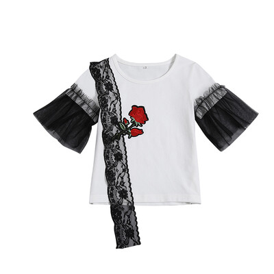 

2019 Baby boy girl t-shirt cotton soft embroidered rose lace side ruffled sleeve top for 5-9T