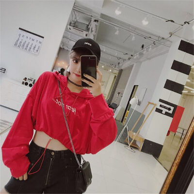 

ROPALIA Women Autumn Sweatshirts 2018 Ladies Short Hooded Long Sleeve Outwear Tops Letter Printed Female Pullovers Slim Tops