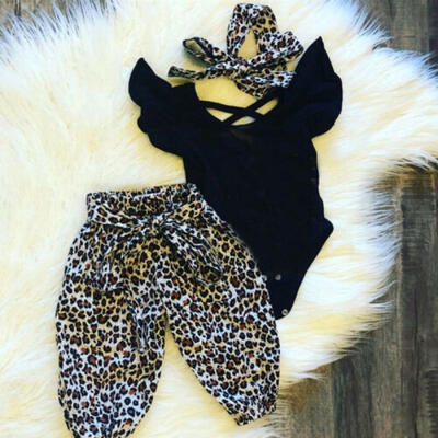 

Newborn Baby Girl Leopard Print Tops Romper Pants Hat Outfit Clothes 3Pcs Set