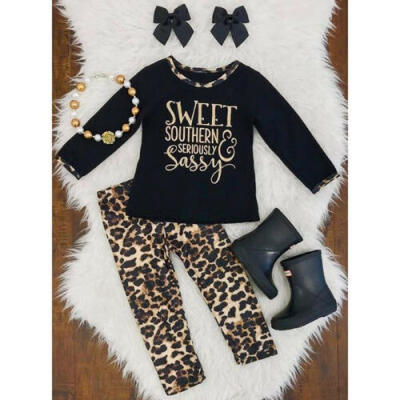 

US Stock Baby Girls T-shirtLeopard Legging Set Toddler Autumn Outfit Tracksuit