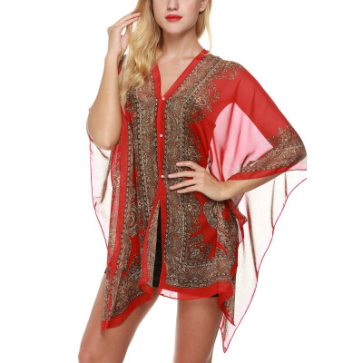 

Summer 2017 Vintage Women Floral Print Cover Up Top Blouse 34 Sleeve Casual Beach Boho Cover Up Long Tops New