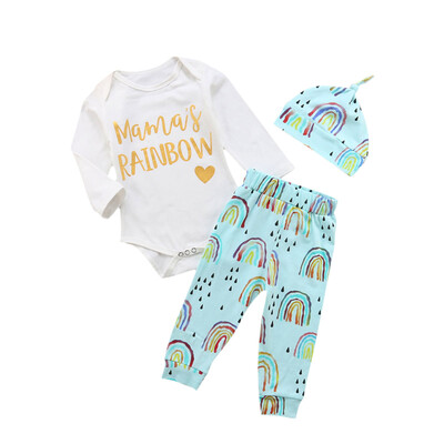 

Spring Autumn Casual Baby Girl Rompers And Rainbow Printing Trousers And Hat Kit Kids Three-piece Outfit Set