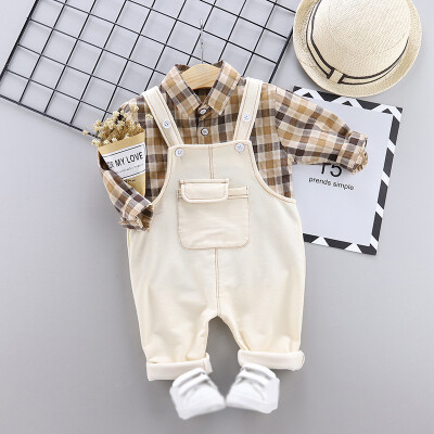 

Toddler Newborn Boy Girl Autumn Outfits Long Sleeve Plaid Print TopStrap Trousers Casual Sets